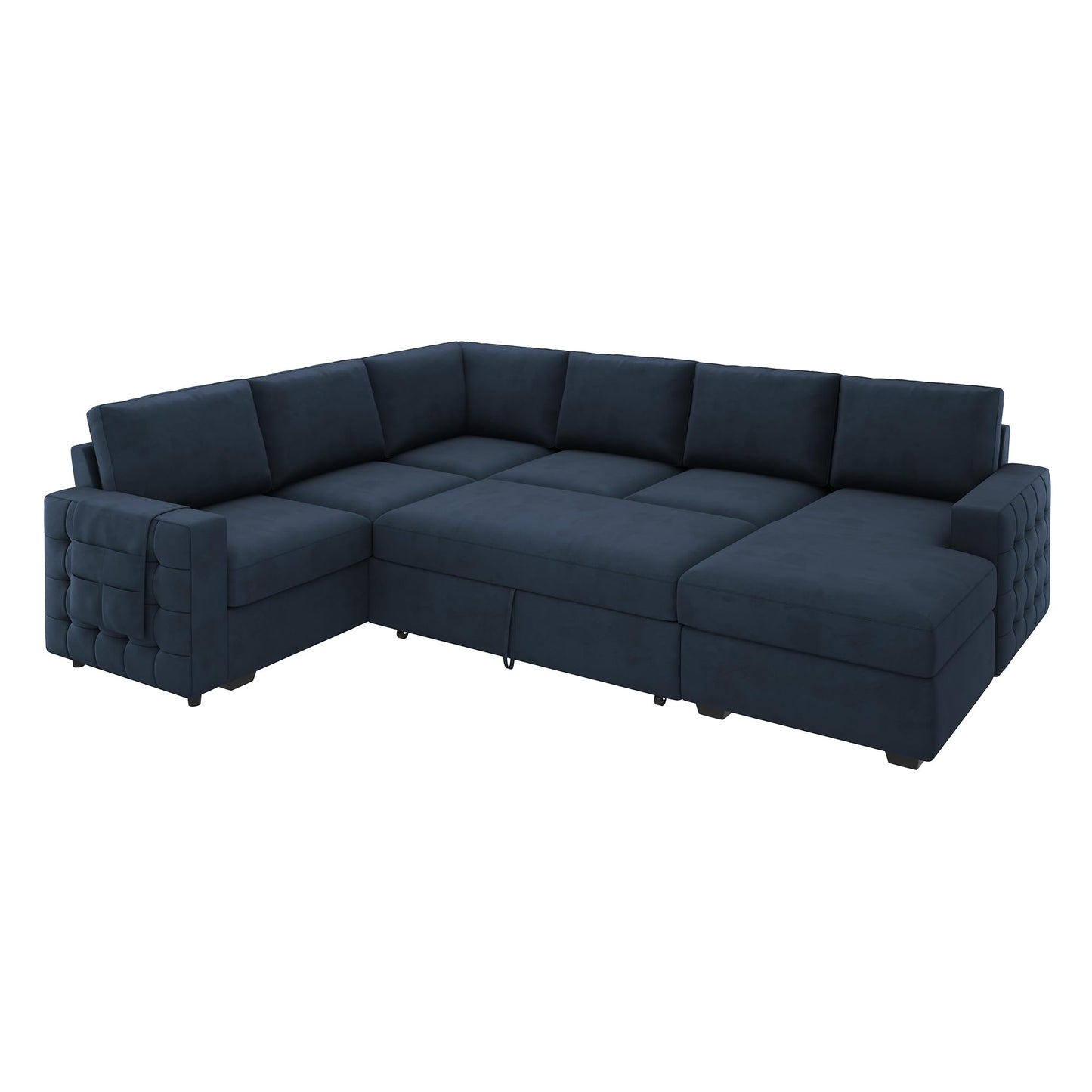 HONBAY Sectional Sleeper Sofa with Pull Out Bed U-Shape Sectional Couch Sleeper Bed with Storage Chaise Lounge Living Room 6 Seater Sectional Sofa,Velvet Dark Blue