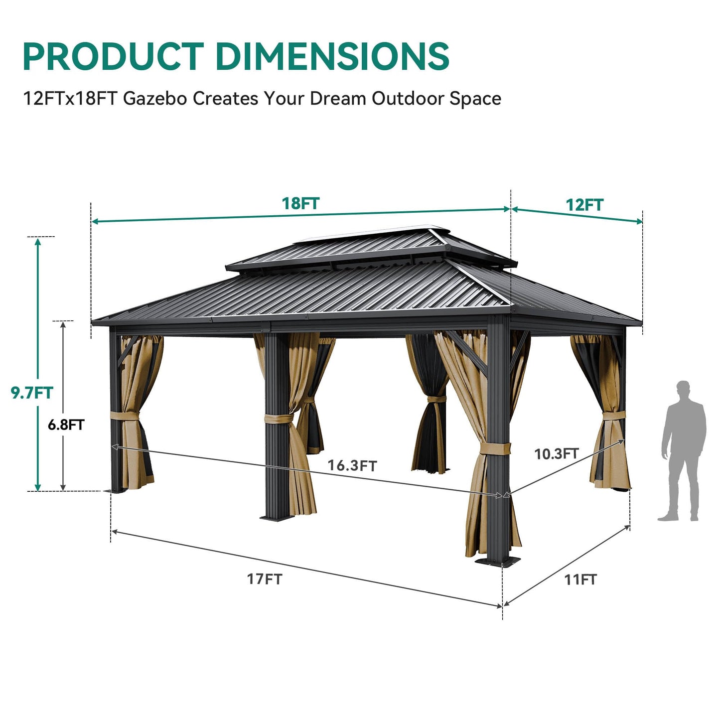 YITAHOME 12X18FT Meatl Hardtop Gazebo Metal Double Roof Canopy Galvanized Iron Aluminum Pillar Garden Tent Curtains Netting for Patios Backyards Decks Lawns