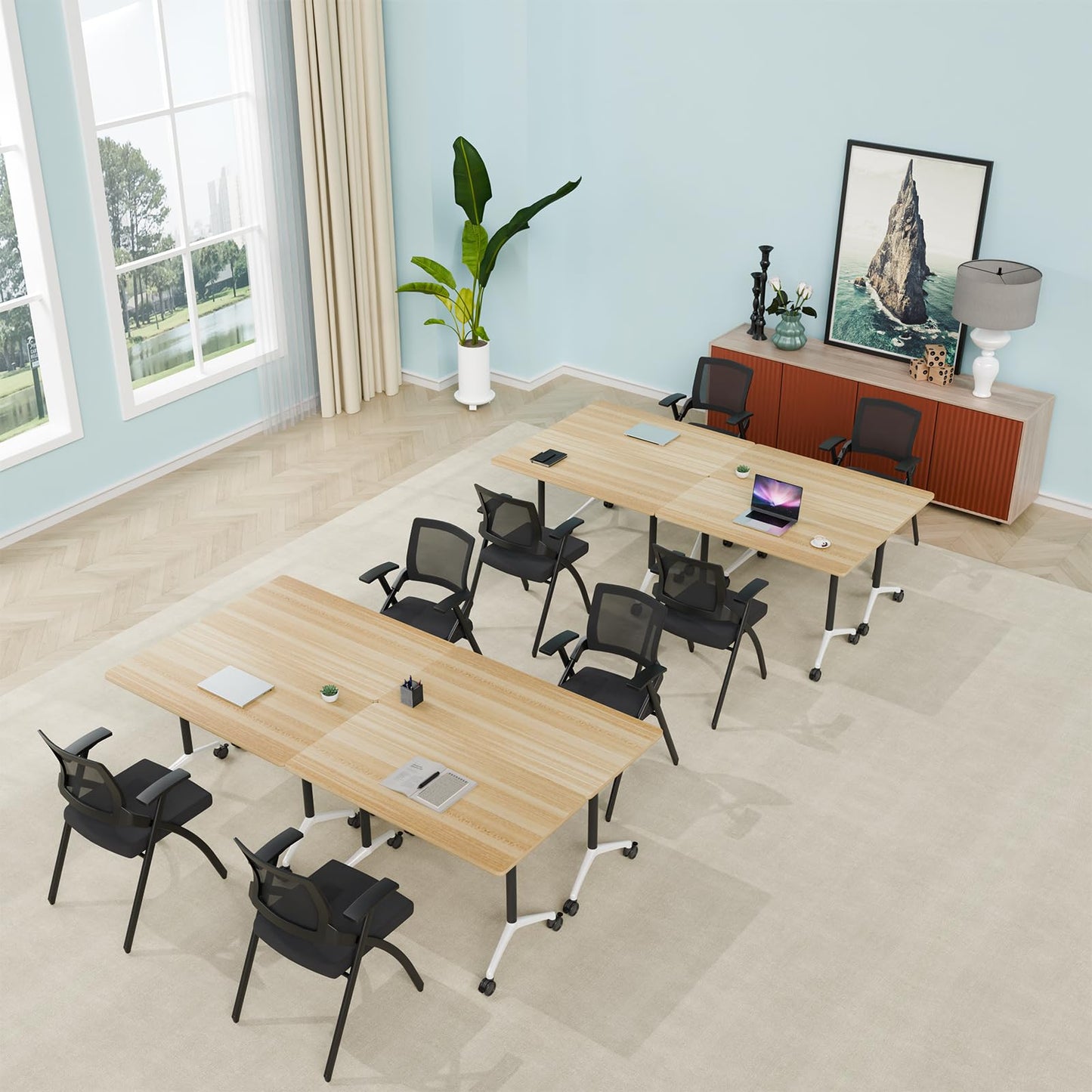 ZanyCajole Conference Room Table, Folding Conference Table with Silent Wheels, Modular Flip Top Mobile Training Tables for Office, Training Room, Meeting Rooms, School, 2-16 Person (8, Maple, 55.1in)