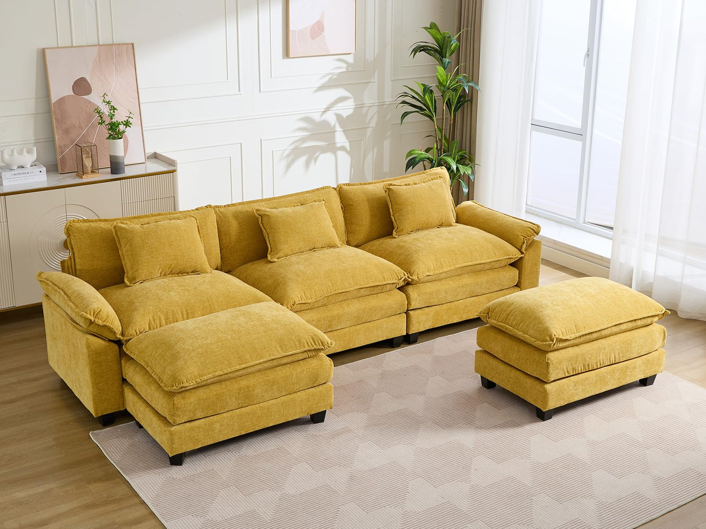 IPKIG 117" Sectional Sofa Cloud Couch, Modern Chenille U-Shaped Couch Comfy Upholstered 3-Seat Sofa with 2 Ottoman, 3 Lumbar Pillow, Deep Seat Modular Sofa for Living Room, Apartment, Studio, Yellow