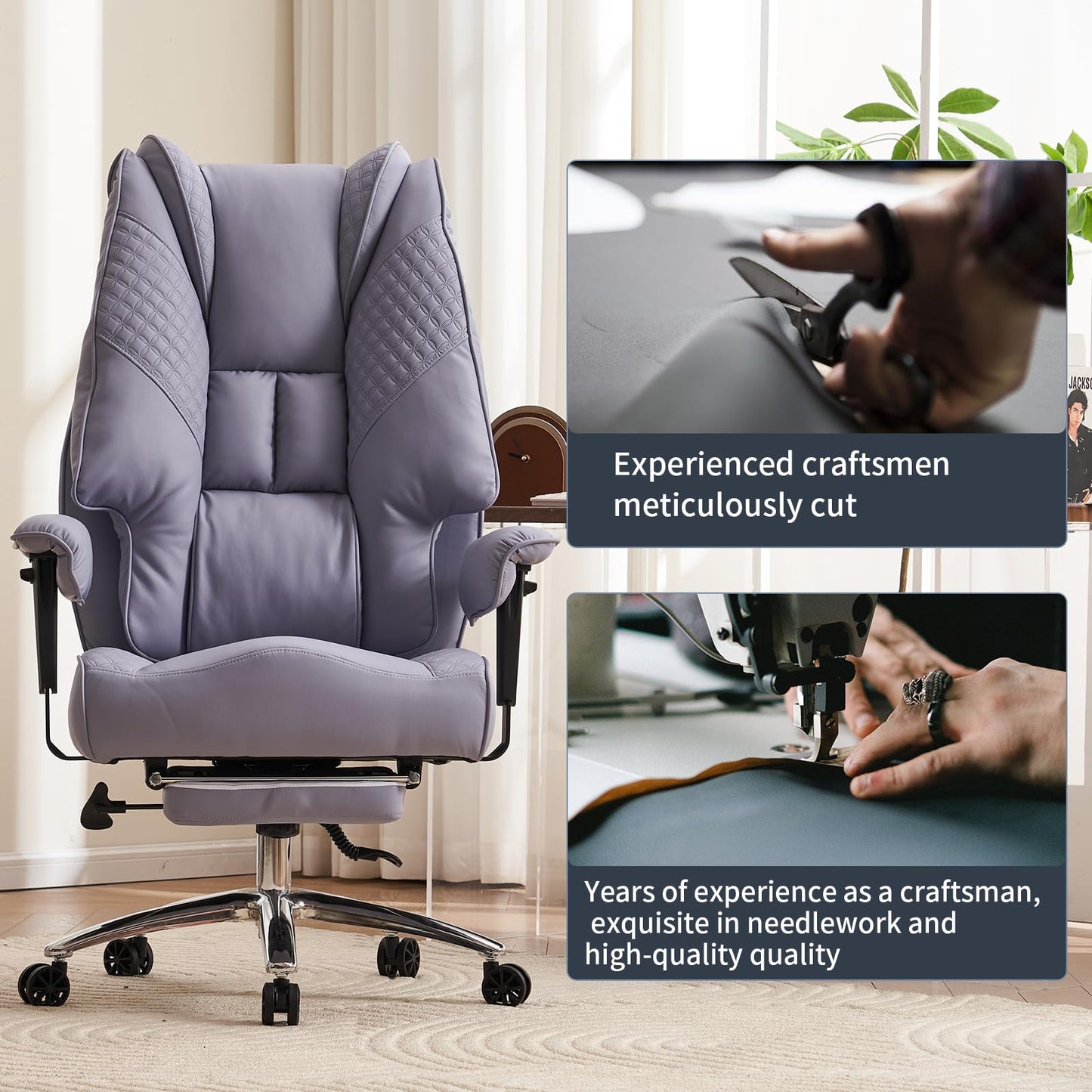 EXCEBET Big and Tall Office Chair 400lbs Wide Seat, Leather High Back Executive Office Chair with Foot Rest, Ergonomic Chairs Lumbar Support for Lower Back Pain Relief (Light Purple)