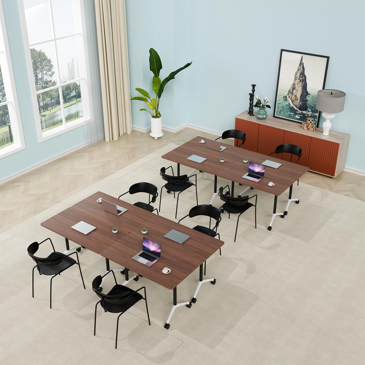Conference Room Table, Folding Conference Table with Silent Wheels, Modular Flip Top Mobile Training Tables for Office, Training Room, Meeting Rooms, School, 2-16 Person (6, Walnut, 55.1in)