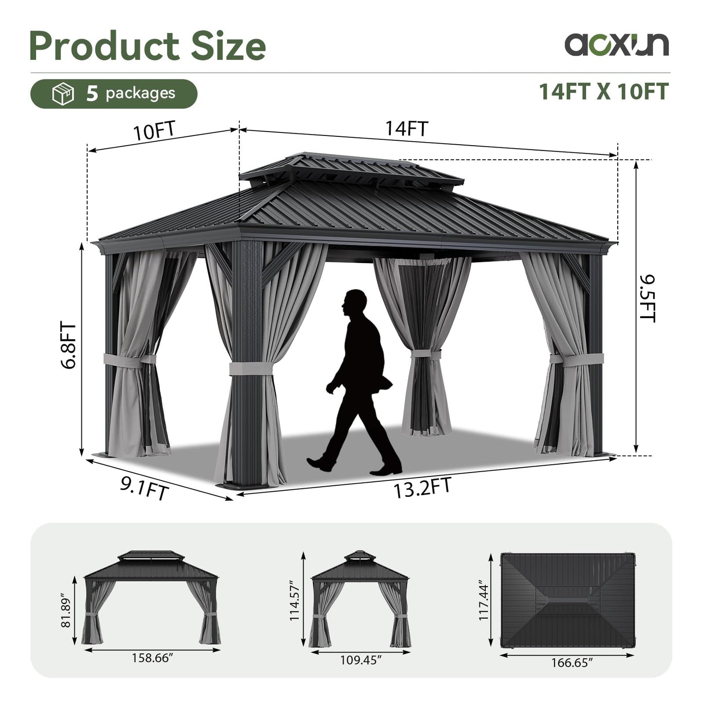 Aoxun 10' X 14' Hardtop Gazebo with Drainage System, Aluminum Outdoor Gazebo with Galvanized Steel Double Roof, Patio Permanent Metal Pavilion with Netting, for Garden, Deck, Pool, Grey