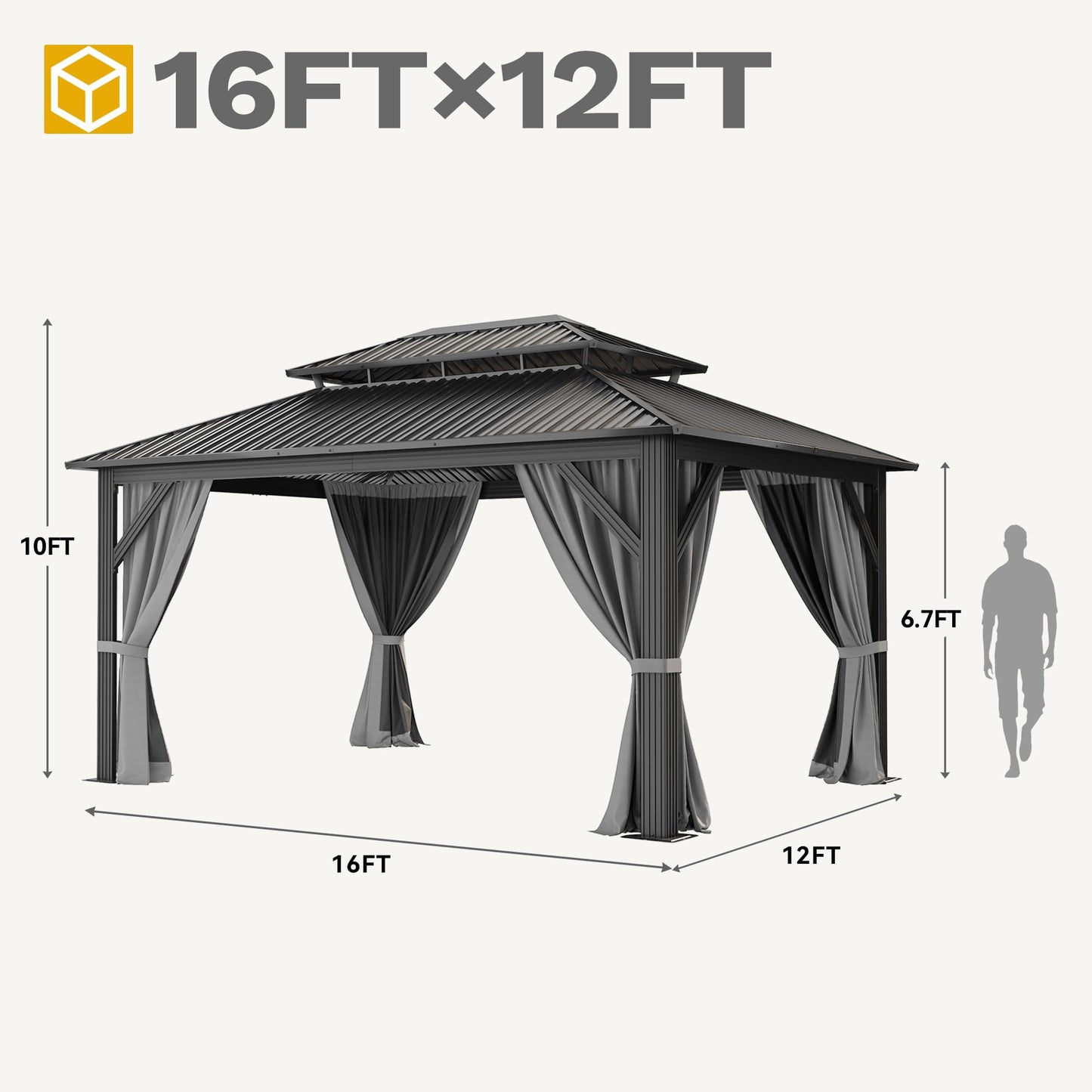 DWVO Hardtop Gazebo with Nettings and Curtains, Heavy Duty Galvanized Steel Outdoor Vertical Stripes Roof for Patio, Backyard, Deck, Lawns, Gray, 16x12ft