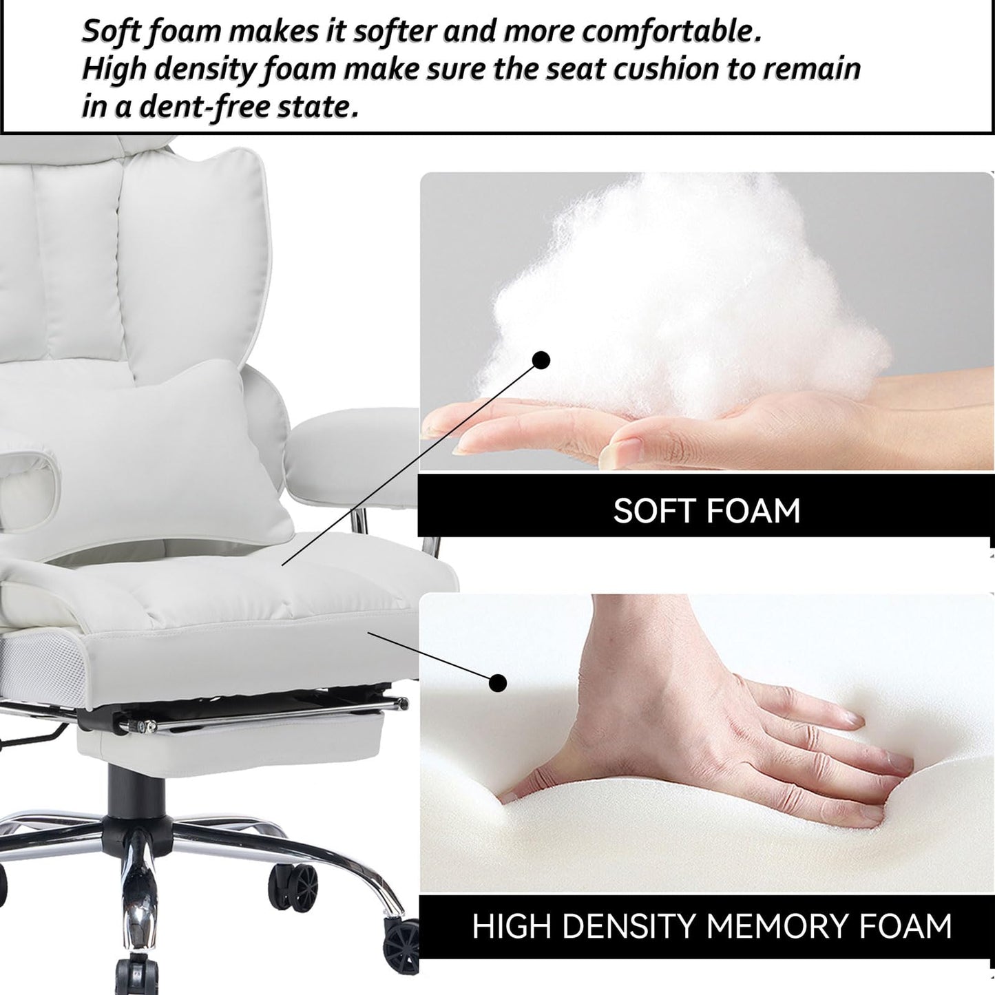Efomao Big and Tall Office Chair 400lbs – High Back Executive Chair with Swivel Base, PU Leather Upholstery, Lumbar Pillow, Padded Armrests, and Rolling Wheels,White Computer Chair