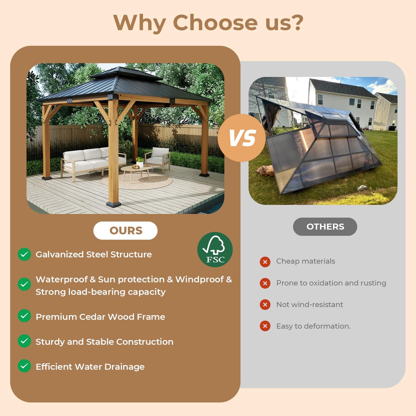 Jocoevol 10' X 12' Wood Gazebo Hardtop Outdoor Permanent Pavilion with Double Galvanized Steel Roof Snow Support, Wind Resistance for Backyard Garden, Lawns, Patio