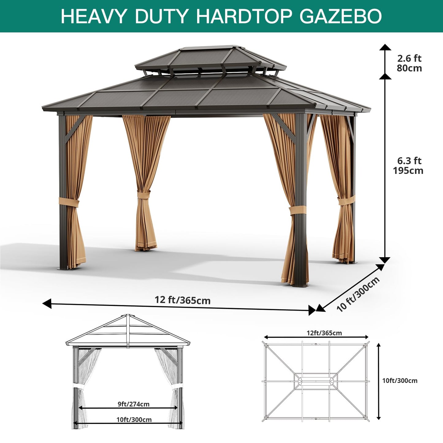 GAOMON 10'x12' Hardtop Gazebo, Outdoor Polycarbonate Double Roof Canopy, Aluminum Frame Permanent Pavilion with Curtains and Netting, Sunshade for Garden, Patio, Lawns