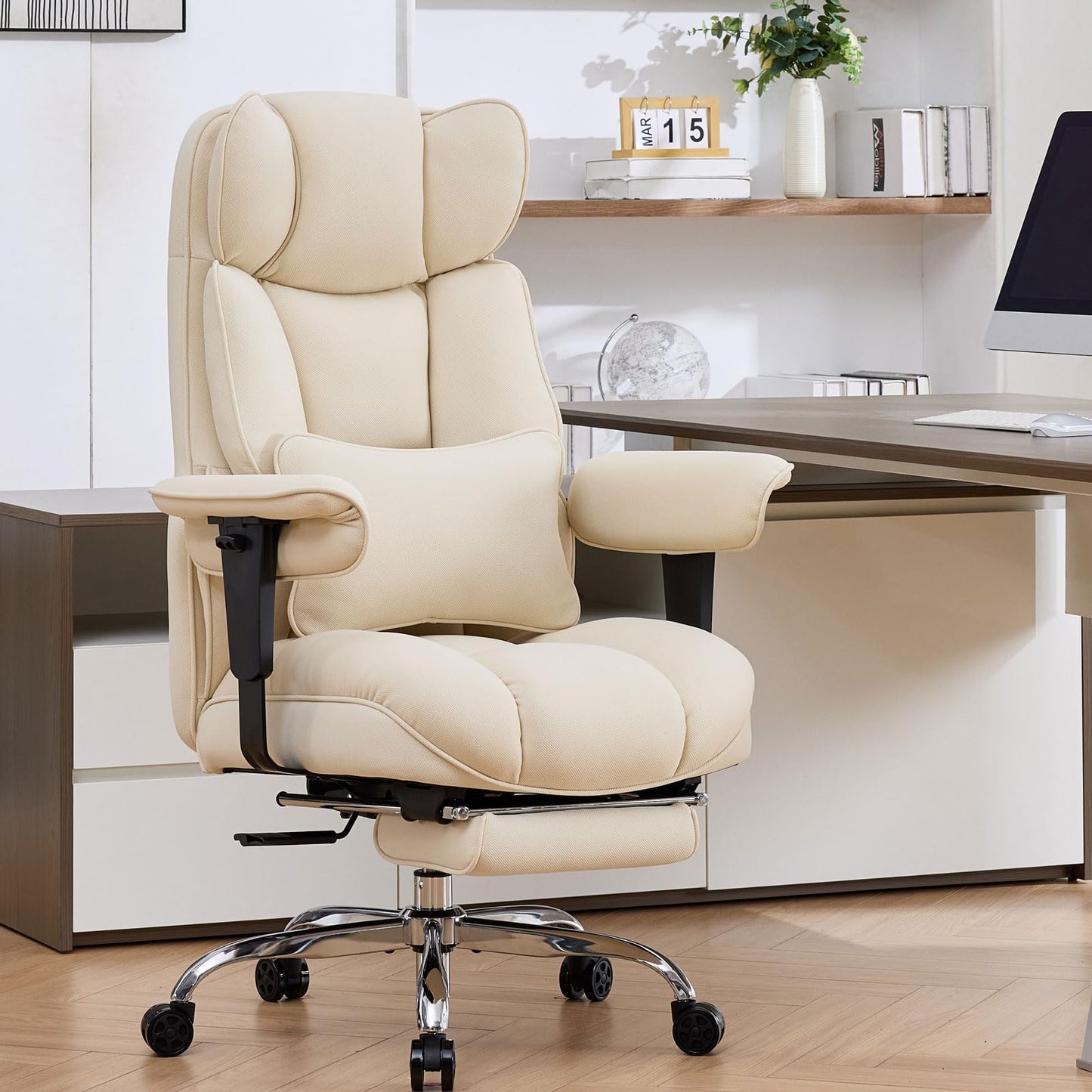 Efomao Big and Tall Office Chair with Footrest - Breathable Mesh Executive Chair, Heavy Duty Computer Desk Chair for Home Office, Ergonomic Lumbar Support & Reclining Mesh Gaming Chair, Beige