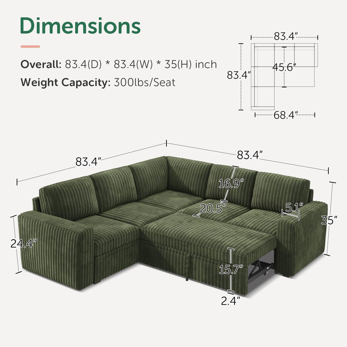 HONBAY Modular Sectional Sleeper Sofa with Pull Out Bed,Corduroy L Shaped Couch with Storage, Sectional Couches for Living Room,Green