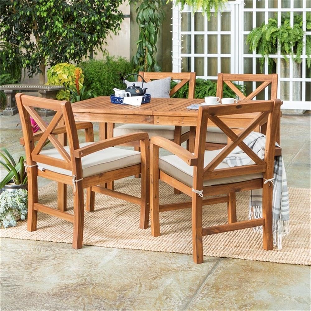 Walker Edison Delray Classic 5 Piece Acacia Wood Outdoor Dining Table and X-Back Chair Set with Cushions, Set of 5, Brown