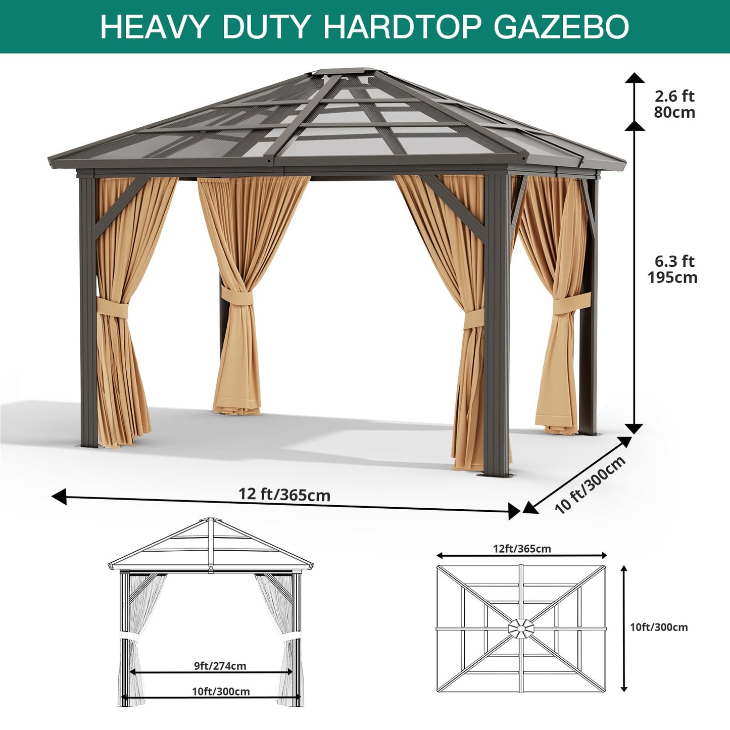 GAOMON 10'x12' Hardtop Gazebo, Outdoor Polycarbonate Double Roof Canopy, Aluminum Frame Permanent Pavilion with Curtains and Netting, Sunshade for Garden, Patio, Lawns (10x12ft), Brown
