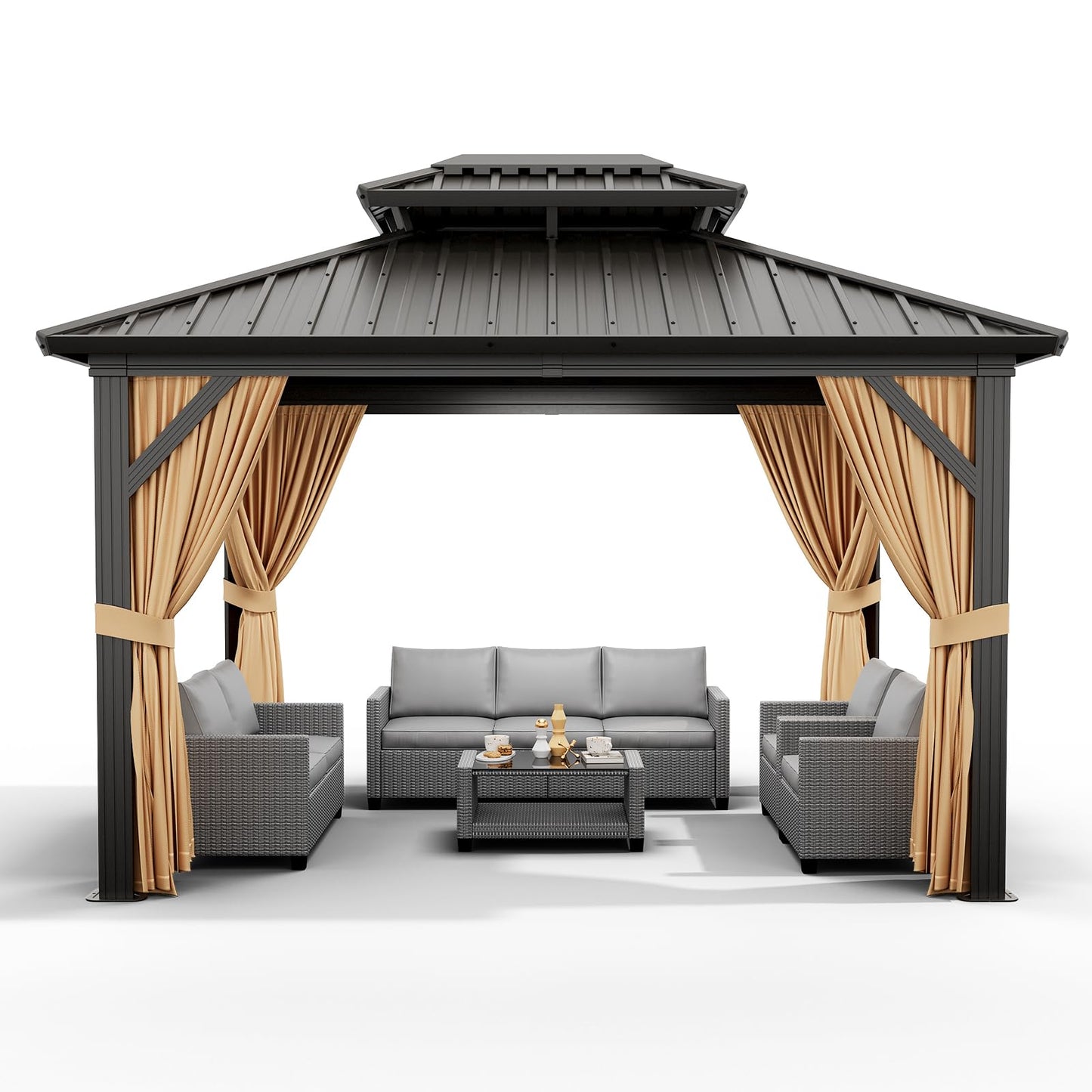 12'x10' Hardtop Gazebo, Heavy Duty Aluminum Permanent Hardtop Gazebo Outdoor Pavilion with Curtains and Netting for Garden