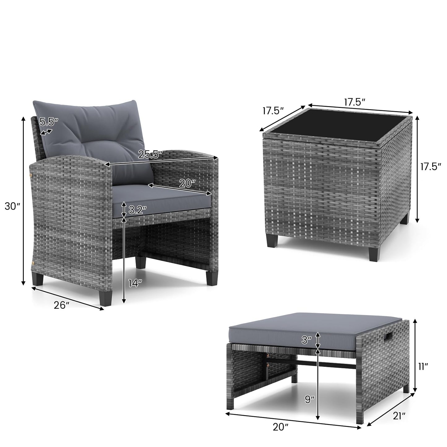 Tangkula 5 Pieces Patio Conversation Set, PE Wicker Rattan Outdoor Furniture Set with 2 Chairs, 2 Ottomans & Tempered Glass Coffee Table, Ideal for Poolside, Backyard, Lawn, Deck, Grey