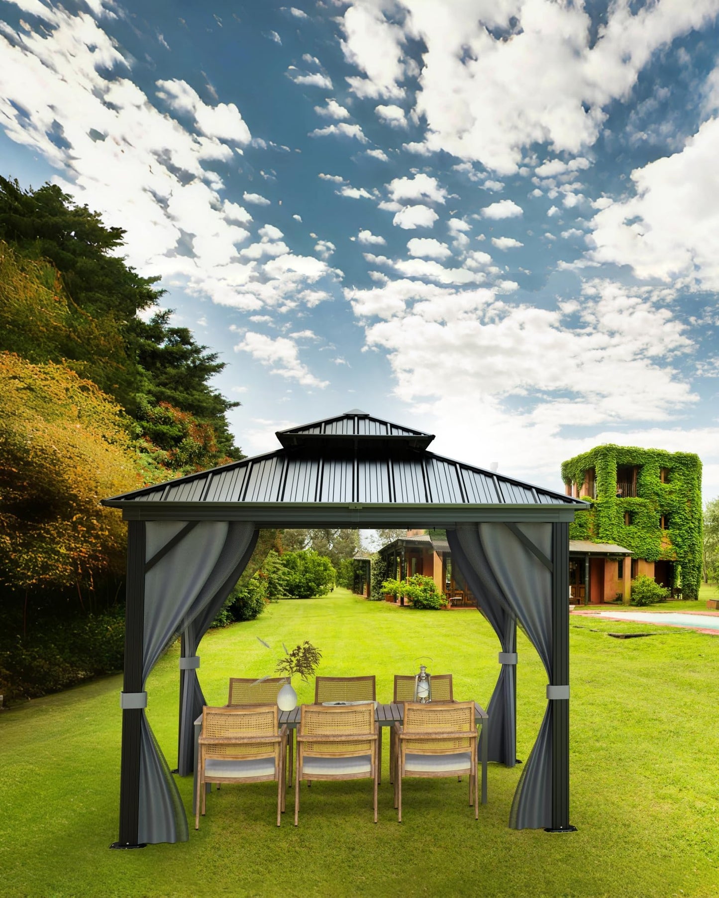 12'X12' Hardtop Gazebo, Outdoor Double Roof Galvanized Steel Gazebo, Aluminum Heavy-Duty Steel Top Canopy with Mosquito Net & Privacy Curtain for Patio, Porch, Garden, Lawn, Deck, Backyard,Gray
