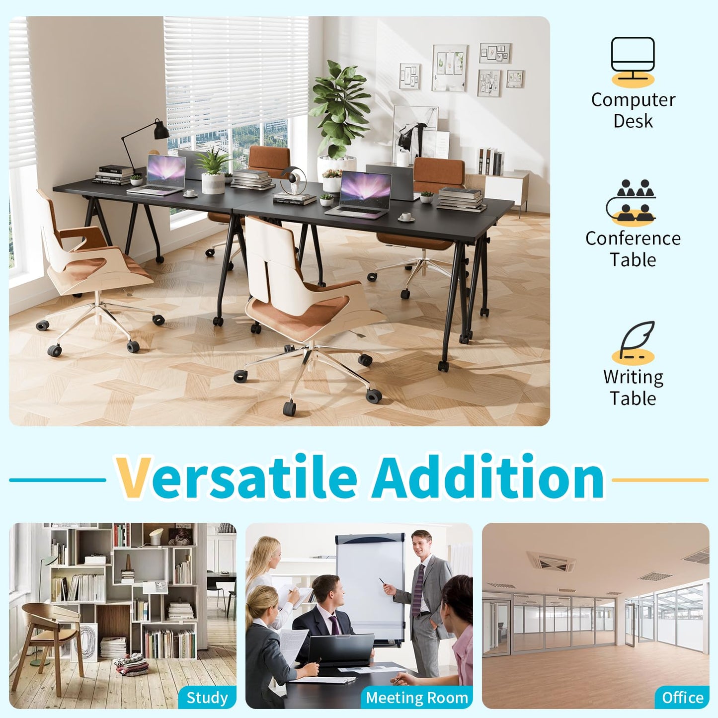 Conference Table with Wheels, Folding Conference Table with Knob & 4 Brake Casters, Modular Flip Top Mobile Conference Room Table for Office, Meeting, Training Room, Class (8, Black, 55.1in)