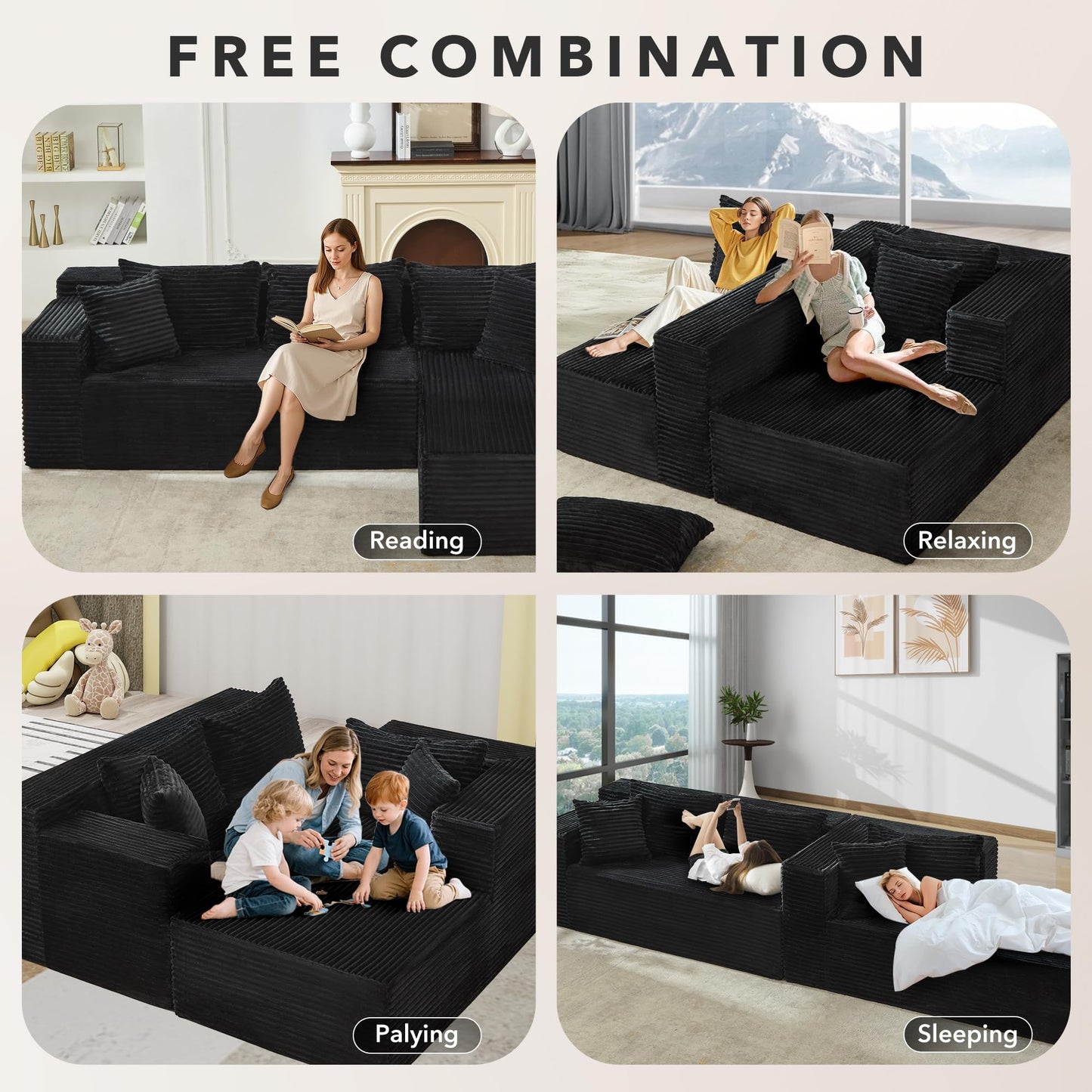 Modular Sectional Sofa Cloud Sectional Couch, 106" Comfy L Shaped Black Couches for Living Room, Deep Seat Memory Foam Plush Corduroy Boneless Couch Sectionals with L Facing Chaise Sofa