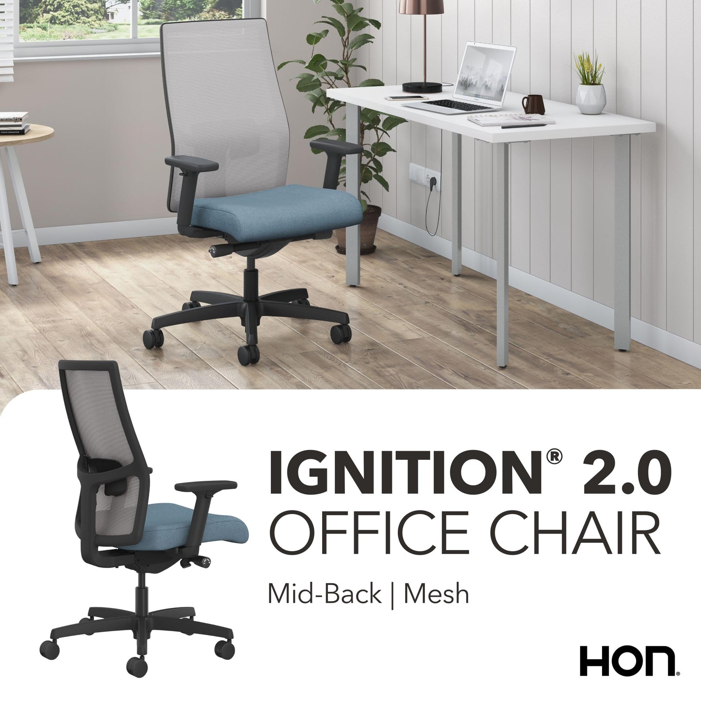 HON Ignition 2.0 Ergonomic Office Chair, Adjustable Tilt, Swivel Wheels, Comfy for Long Hours, Home Office Desk Chairs, Blue