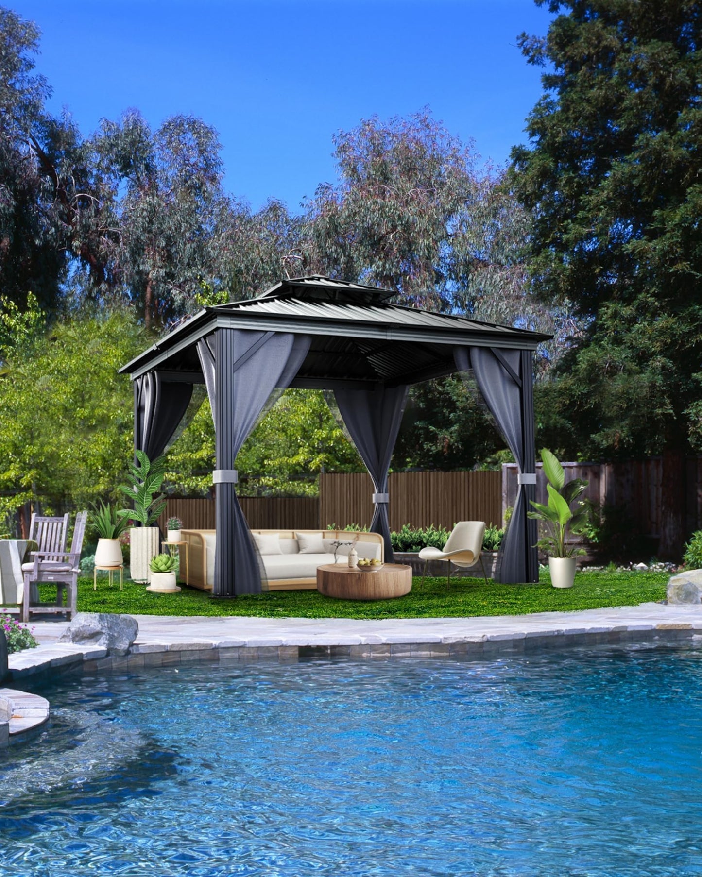 10'X10' Hardtop Gazebo, Galvanized Steel Aluminum Frame with Double Roof, Heavy-Duty Outdoor Patio Gazebo with Curtains & Netting for Backyard, Deck, Porch, Garden, Lawn, Grey