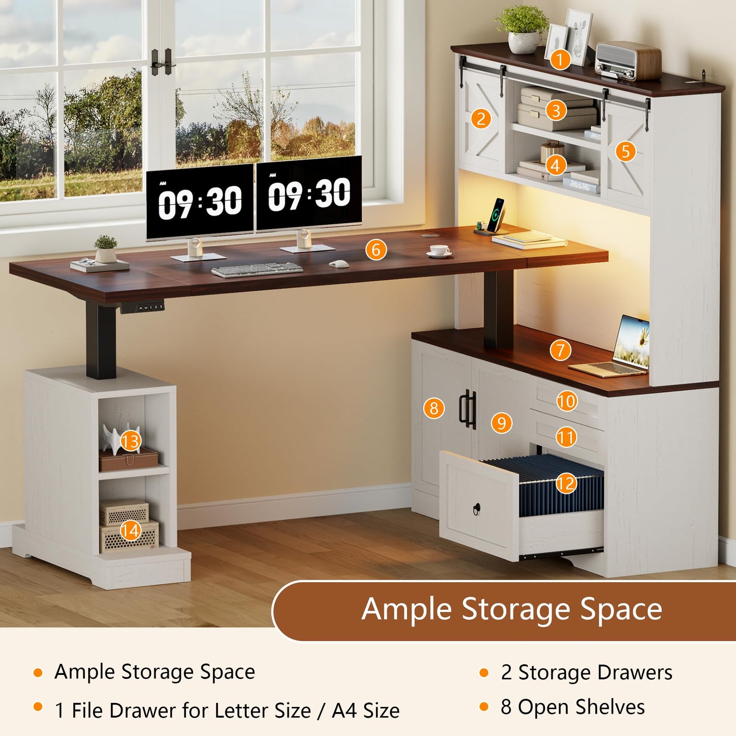 Homiflex 71" L Shaped Electric Standing Desk with Hutch and 3 Drawers, Farmhouse Height Adjustable Sit Stand Desk, Large Corner Computer Desk with File Cabinet, Power Outlets & LED Lights, White