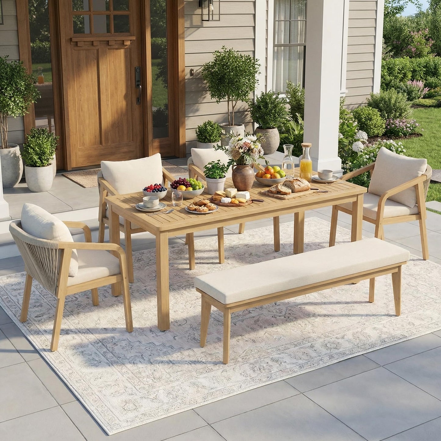 6-Piece Acacia Patio Table and Chairs Set with 23" Extra Wide Chair and Removable Cushion,Outdoor Dining Sets for 6, All-Weather Solid Wood Outdoor Patio Furniture Set for Garden Lawn, Beige