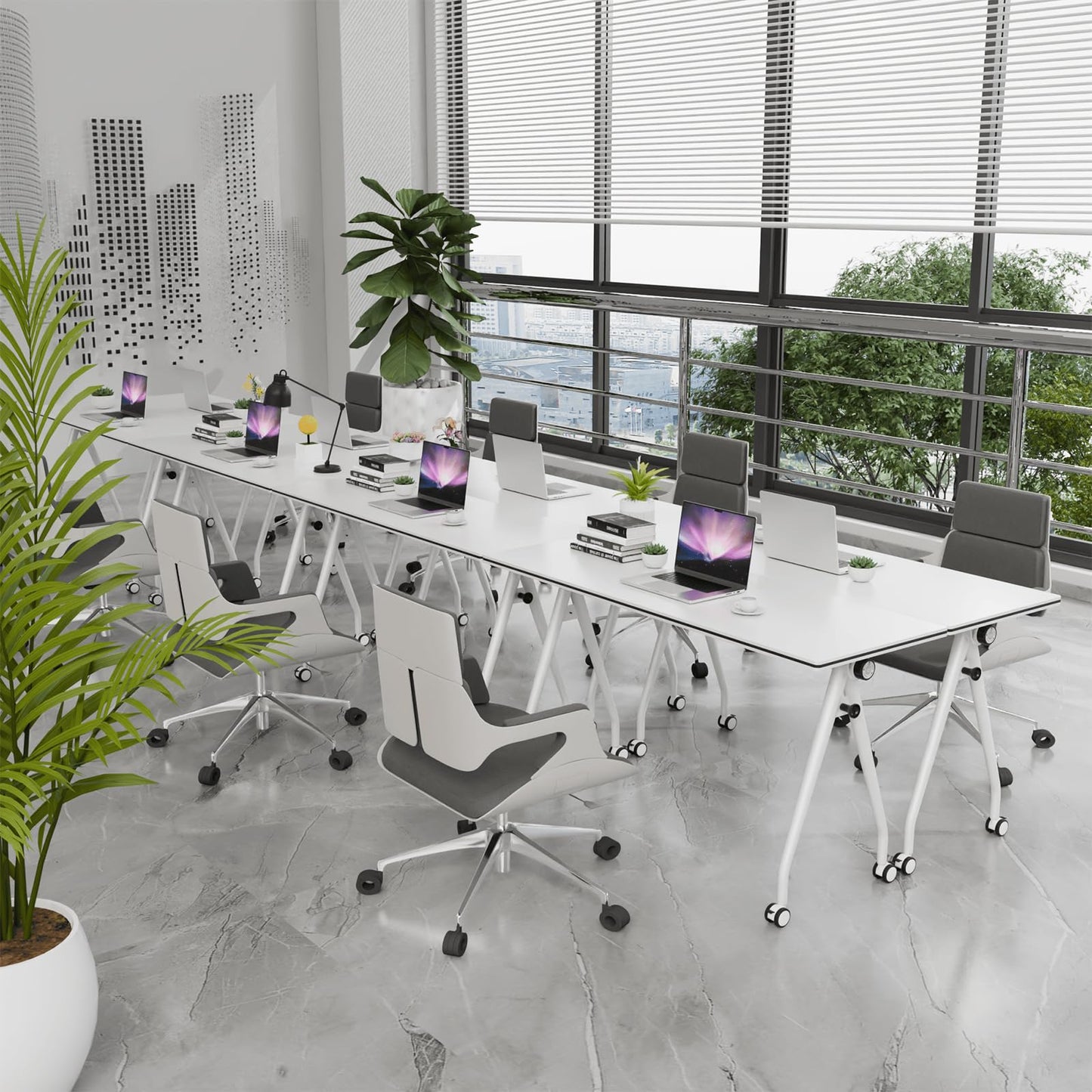 Conference Table with Wheels, Folding Conference Table with Knob & 4 Brake Casters, Modular Flip Top Mobile Conference Room Table for Office, Meeting, Training Room, Class (6, White, 55.1in)