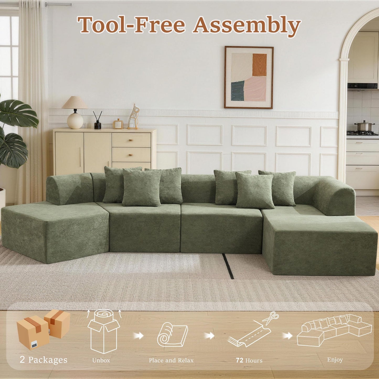 CACFTII 140" Oversized Boneless Couch, Curved Cloud Sectional Couch with L-Shape Chaise, Compressed Memory Foam Couch, Velvet Modular Sectional Sofa for Living Room, No Assembly Required, Green