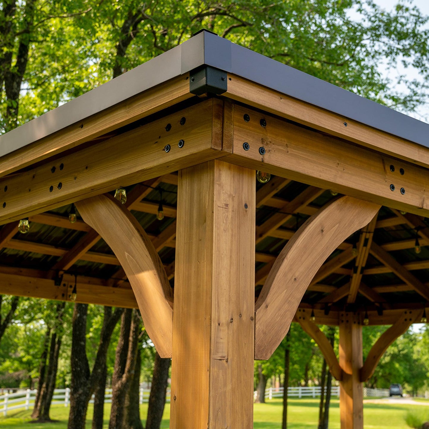 Backyard Discovery Barrington 16' x 12' Cedar Wood Outdoor Gazebo Pavilion with Hardtop Galvanized Steel Hip Roof, Snow Support, Wind Resistance, PowerPort, Shade for Garden, Patio, Deck, Entertaining