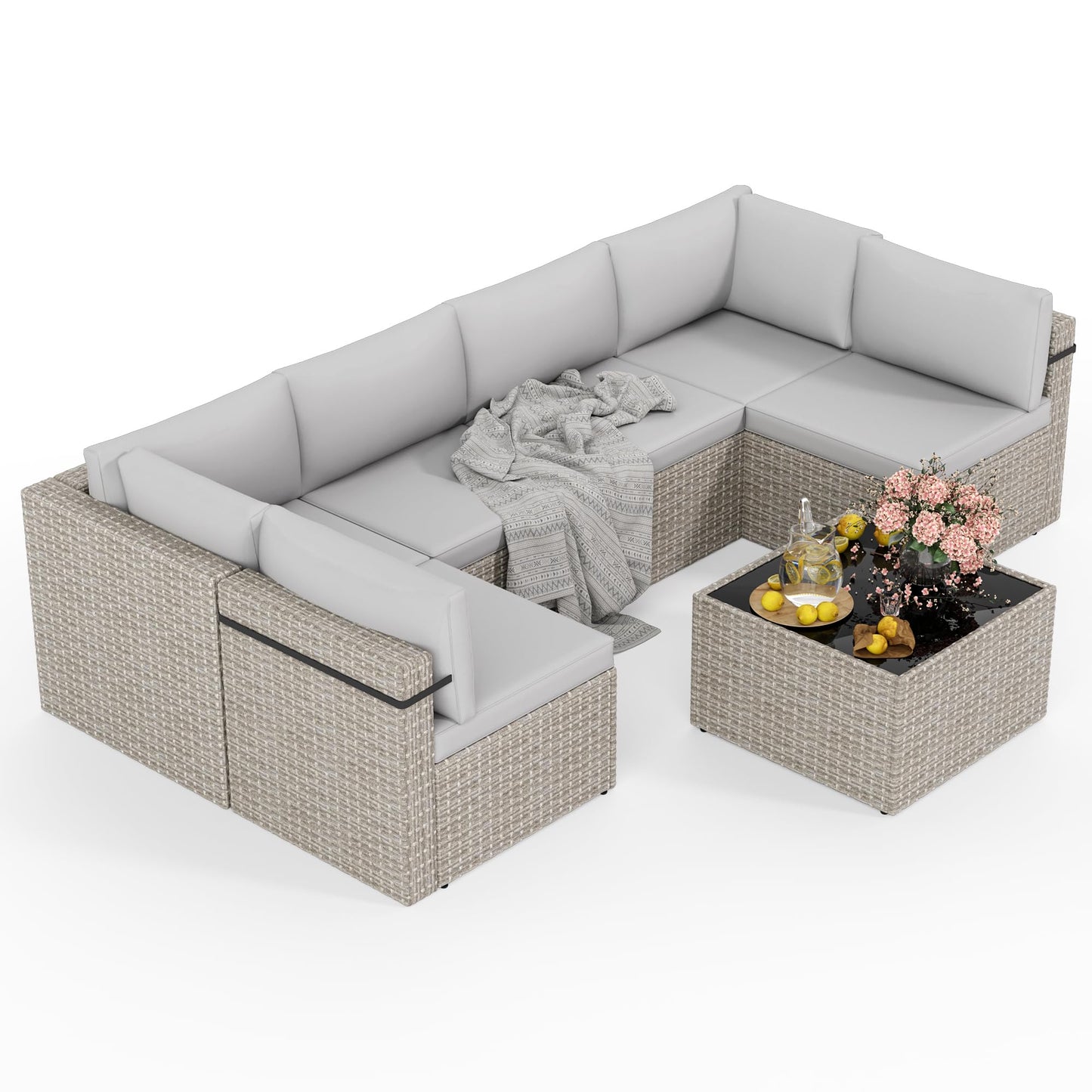 PATIOPIA 7-Piece Outdoor Sectional Sofa Set, Weather-Resistant Patio Furniture Set with Washable Cushions and Coffee Table, Grey Rattan Patio Conversation Set for Poolside, Backyard, Deck (Grey)