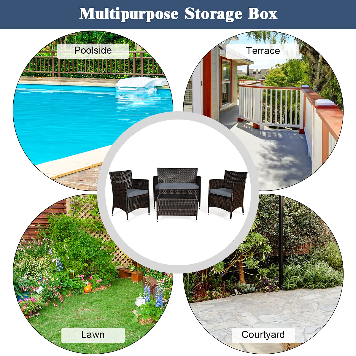 COSTWAY 8PCS Rattan Patio Furniture Set, Outdoor Wicker Rattan Chairs with Coffee Table, Rattan Cushioned Conversation Set for Backyard Balcony Porch Poolside, Grey