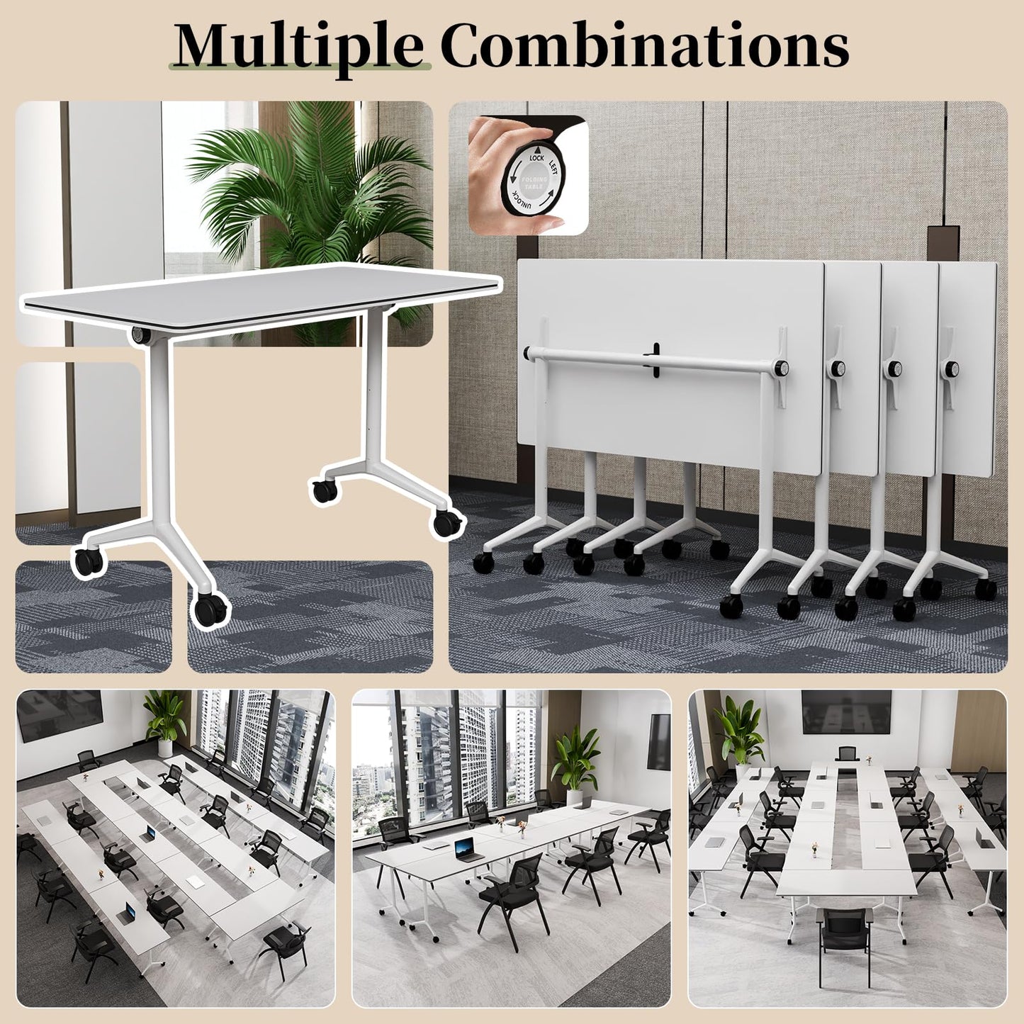 Modular Folding Conference Table with Wheels,2 Pack Mobile Conference Room Tables,Filp Top Rolling Meeting Training Tables for Office,Classroom,Library,Seminar,Boardroom,school(2pack,White,47in)