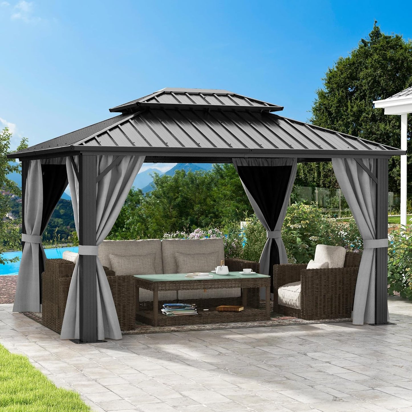 DWVO 10x12ft Hardtop Gazebo Double Roof with Nettings and Curtains, Heavy Duty Galvanized Steel Outdoor Vertical Stripes Roof for Patio, Backyard, Deck, Lawns, Grey