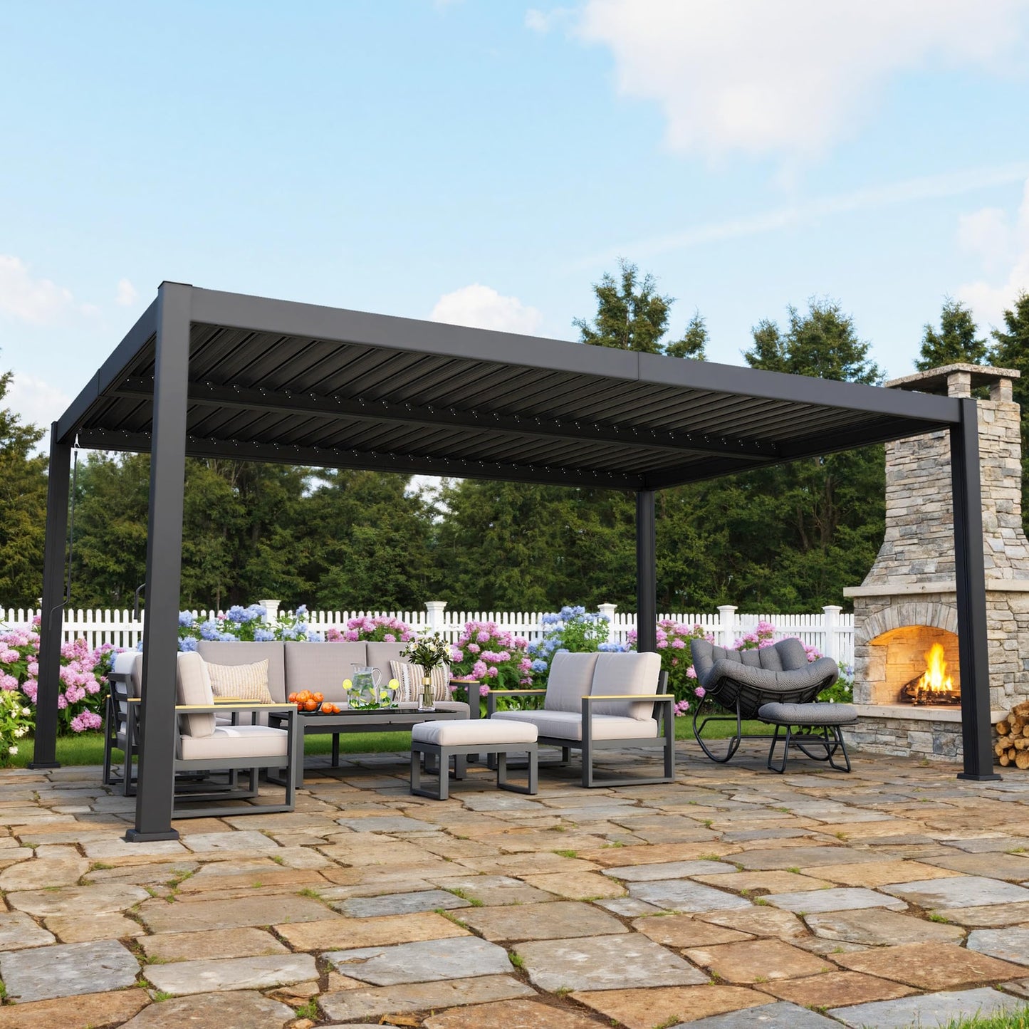 12' x 16' Louvered Pergola, Outdoor Pergola with Metal Adjustable Louvered Roof & Gutter System, Hardtop Patio Gazebo for Backyard, Patio, Garden, Dark Gray