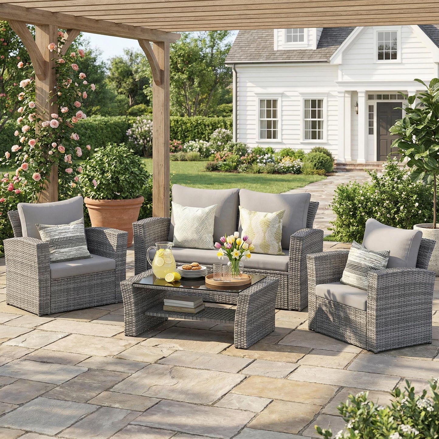 Wisteria Lane Patio Furniture Set, Wicker Outside Outdoor Furniture for All Weather, Patio Sofa with High Backrest Support and Wide Armrest for Backyard, Balcony, Deck, Porch, Ash Gray