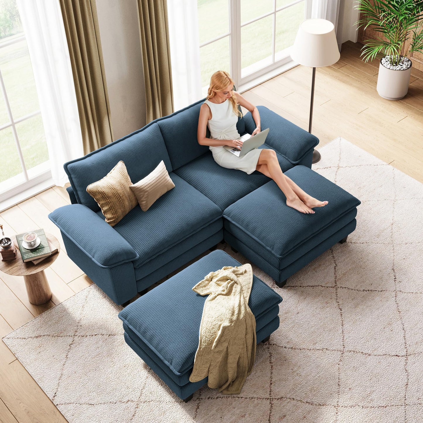 LINSY HOME Modular Sectional Sofa - Oversized Corduroy Cloud Couch with Movable Ottoman Soft Modern Comfy Sofa Set for Living Room Apartment Office, Blue