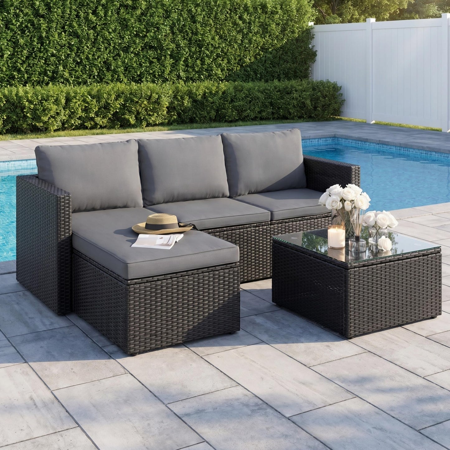SUNLEI Patio Furniture Set with Detachable Soft Cushions, All Weather Outdoor PE Rattan Patio Conversation Sofa Set, Black Rattan/Grey