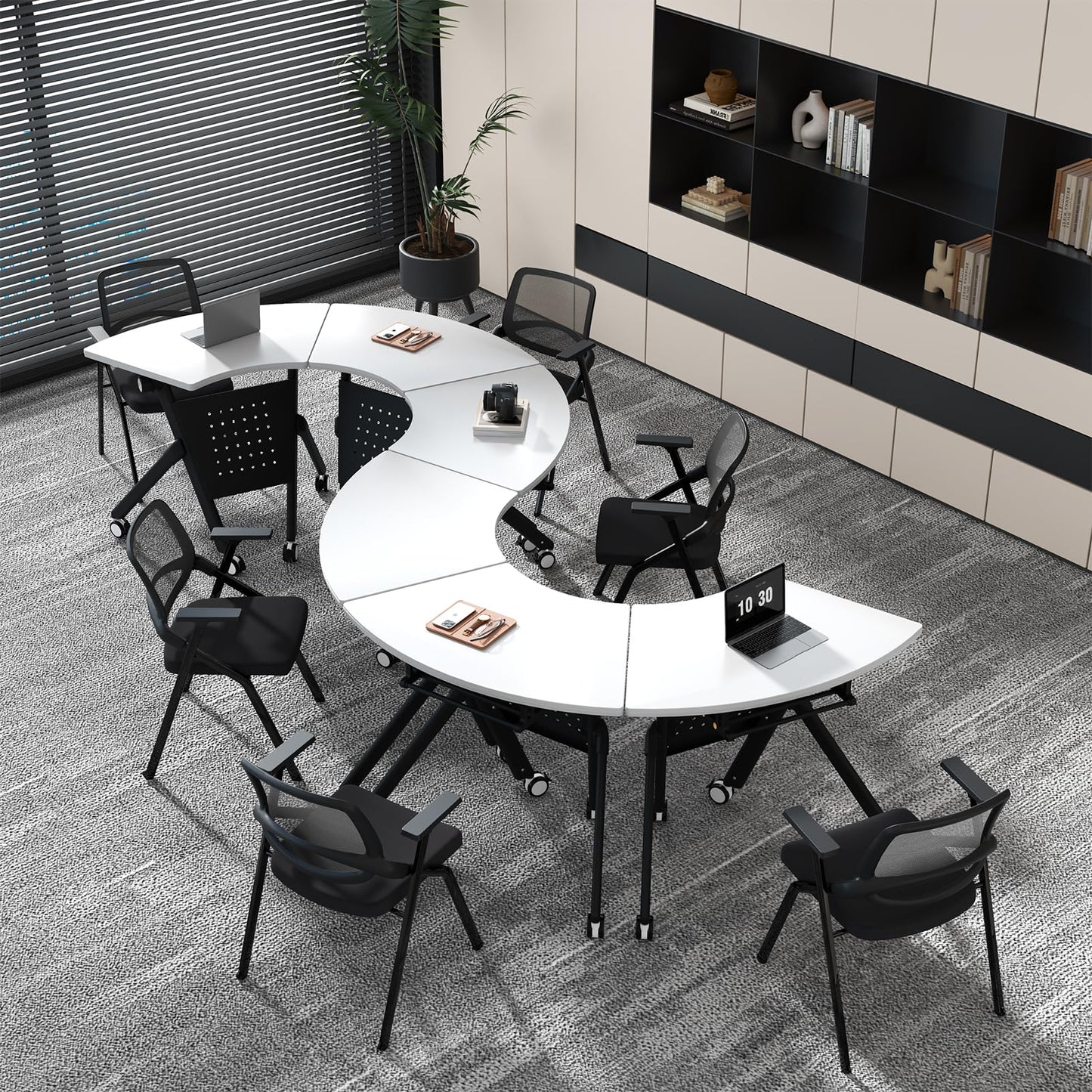 JFazzruit Folding Conference Table,Fan-Shaped Conference Room Tables with Wheels, Mobile Modular Seminar Meeting Desk for Classrooms,Office & Seminar (8, Fan-White)