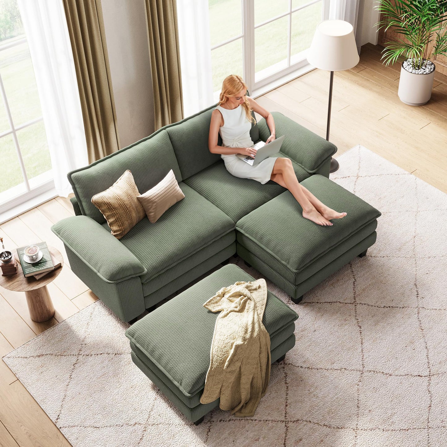 LINSY HOME Modular Sectional Sofa - Oversized Corduroy Cloud Couch with Movable Ottoman Soft Modern Comfy Sofa Set for Living Room Apartment Office, Green