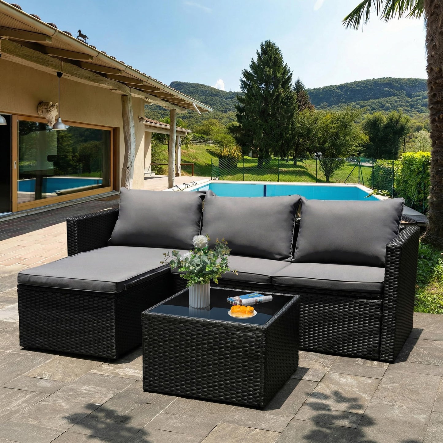 Shintenchi 4 Pieces Patio Furniture Sets, Outdoor Sofa Patio Sectional Sets All Weather, 2-in-1 Wicker Rattan Seating Sofa Couch with Cushions & Coffee Table for Yard, Garden, Porch, Poolside (Gray)