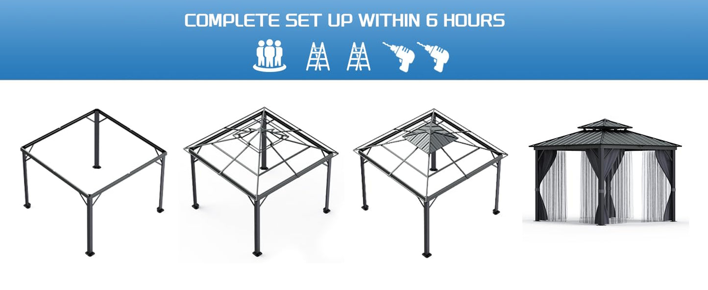 Garvee 12x12Ft Hardtop Gazebo, Double Metal Roof, Heavy Duty Gazebo Canopy for All Weather, with Nettings & Curtains, Aluminum Alloy Frame, Outdoor Gazebos for Patio, Backyard, Deck, Lawn, and Garden
