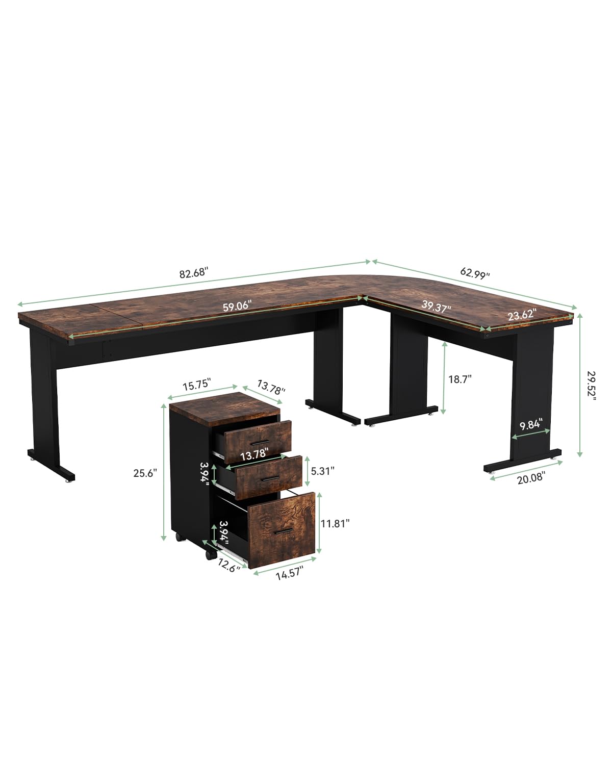 LITTLE TREE 83 Inch L-Shaped Office Desk with Drawers, Large Executive Office Desk with Storage, Wooden Computer Desk with File Cabinet, Modern Work Desk for Home Office, Brown
