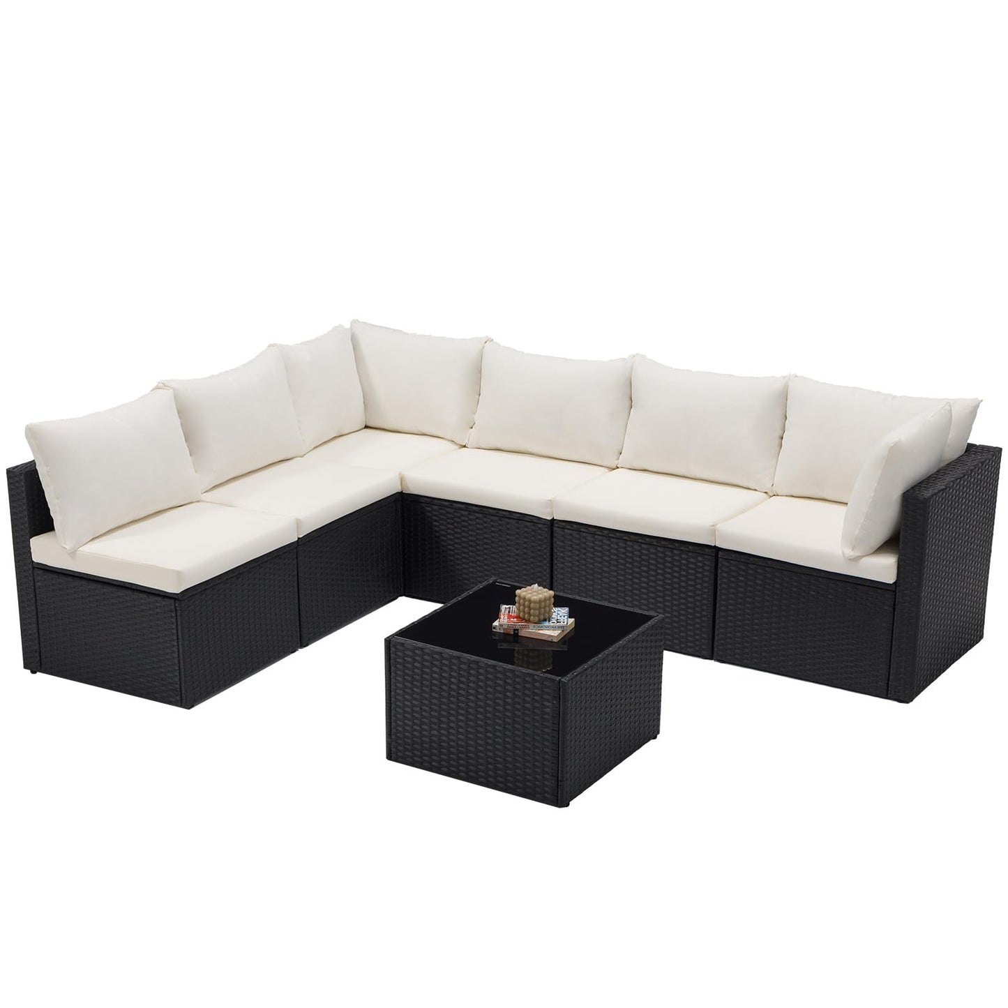 Sweetcrispy 7-Piece Outdoor Patio Sectional Sofa, Modular PE Wicker Outdoor Sectional with Thick Cushions, Rattan Patio Sofa Set with Coffee Table for Backyard, Poolside, Garden, Deck, Black