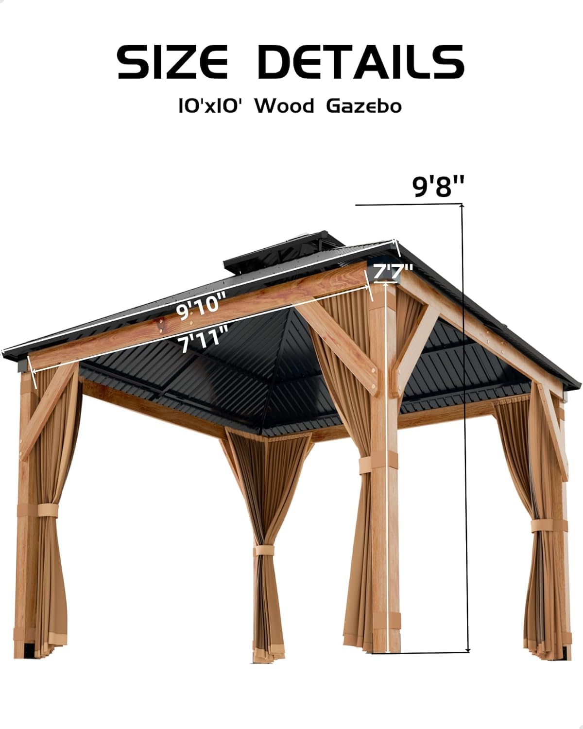 10’X10’ Spruce Wood Hardtop Gazebo with Double Metal Roof, Heavy-Duty 4.7" Poles, Curtains & Netting, All-Weather Outdoor Pavilion for Patio, Deck, Backyard, Lawn, Khaki – Easy Assembly