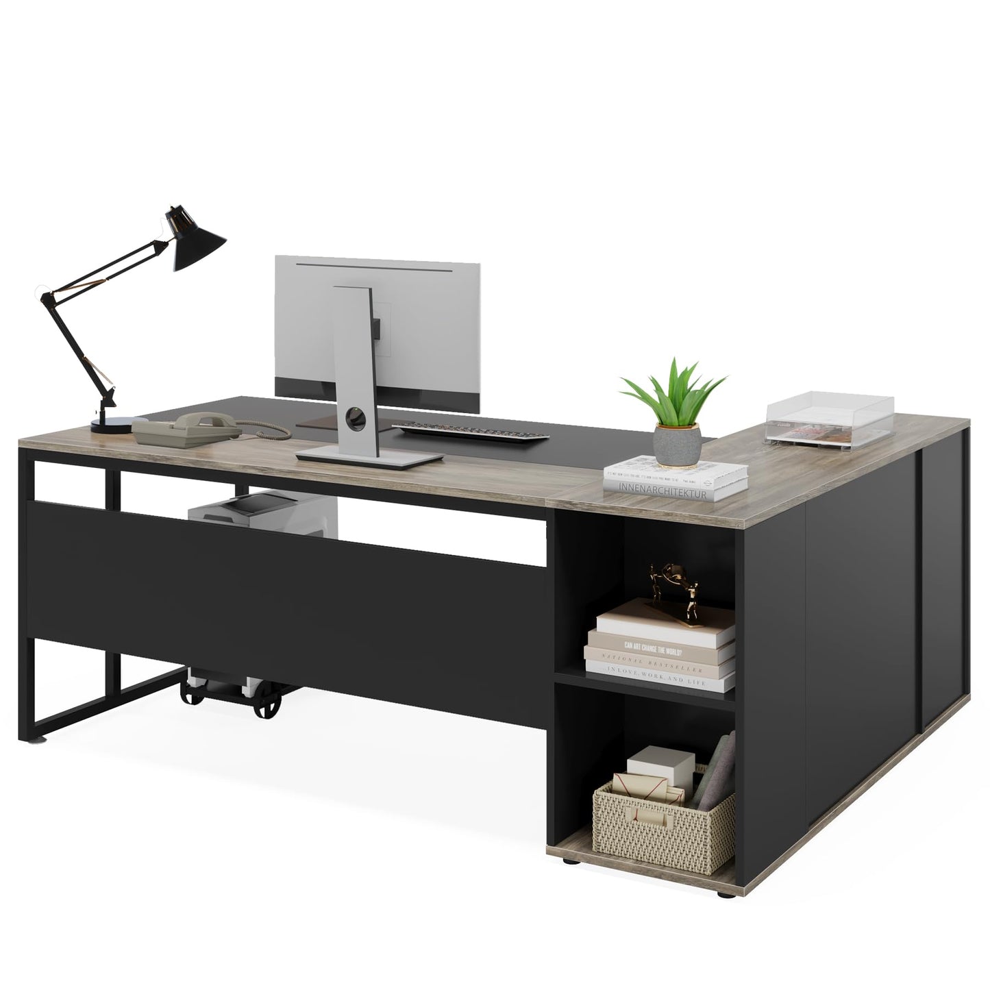 Tribesigns 71 inch Executive Desk, L Shaped Desk with Cabinet Storage, Executive Office Table with Shelves, Business Furniture Set Workstation for Home Office, Gray
