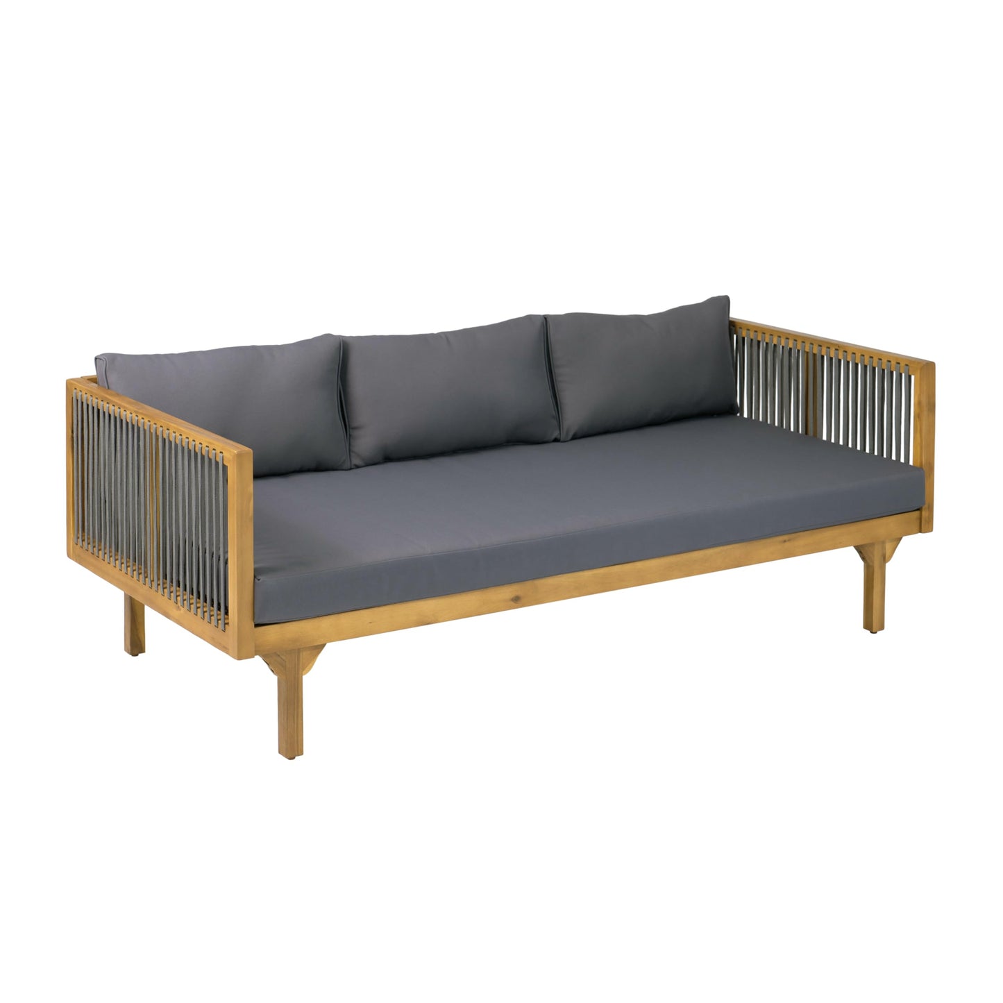 Merax Outdoor Acacia Wood Conversation Set - Patio 3-Seat Loveseat Sofa w/Coushion and Round Coffee Table for Backyard, Lawn, Balcony, Water Repellent, 600 lbs Sofa Capacity, Teak + Gray