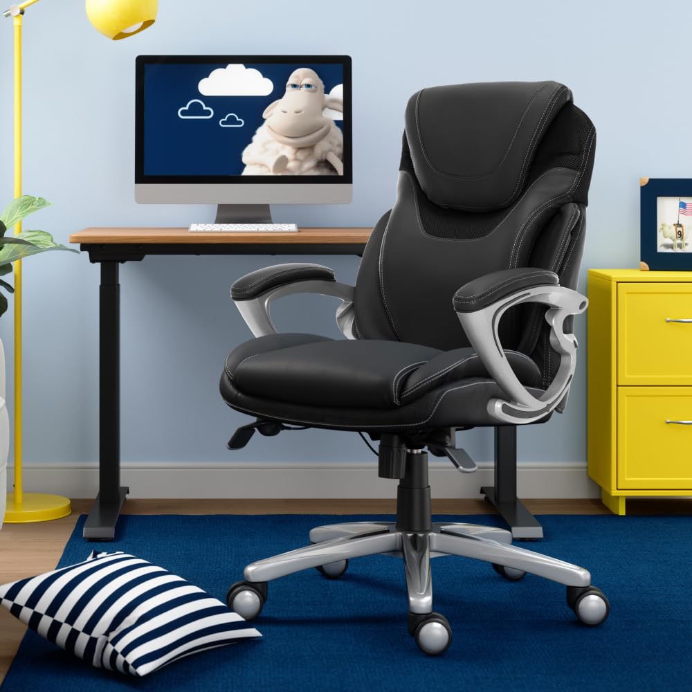Serta Bryce Executive Office Chair, Ergonomic Computer Desk Chairs with Patented AIR Lumbar Support, Comfy Body Pillows, Height Adjustable, Swivel Base with Wheels, Bonded Leather, Black