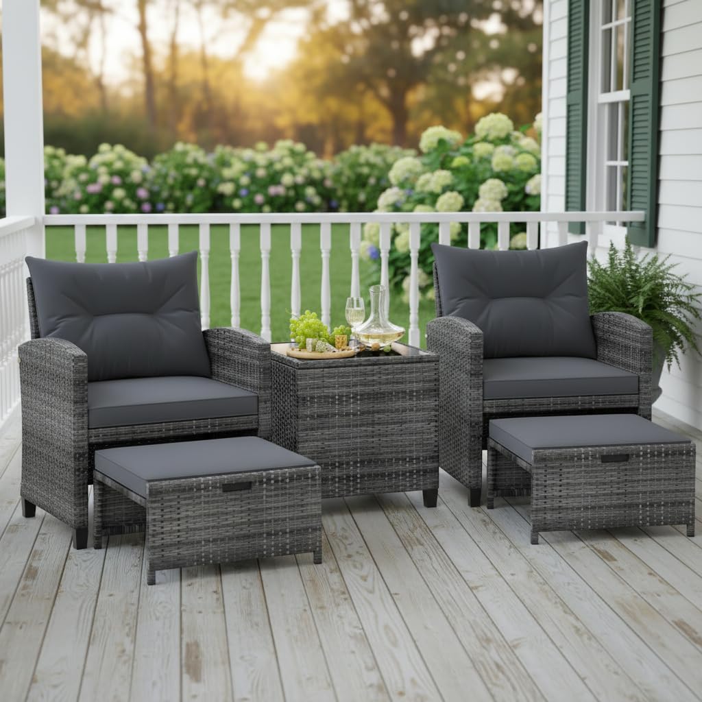 Tangkula 5 Pieces Patio Conversation Set, PE Wicker Rattan Outdoor Furniture Set with 2 Chairs, 2 Ottomans & Tempered Glass Coffee Table, Ideal for Poolside, Backyard, Lawn, Deck, Grey