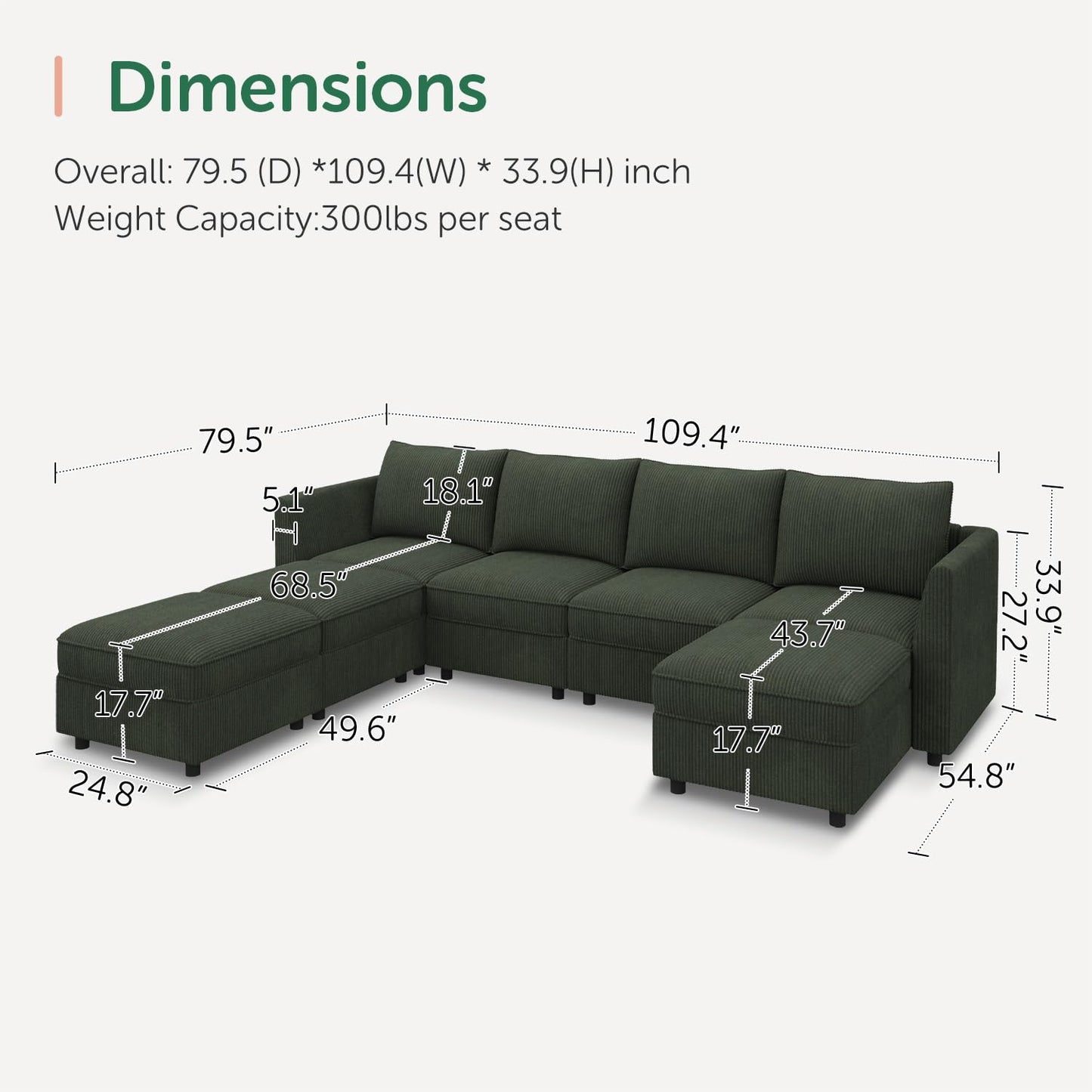HONBAY Modular Sofa U Shaped Sectional Couch with Storage, Convertible Modular Sofa 7 Seats Sectional for Living Room - Green