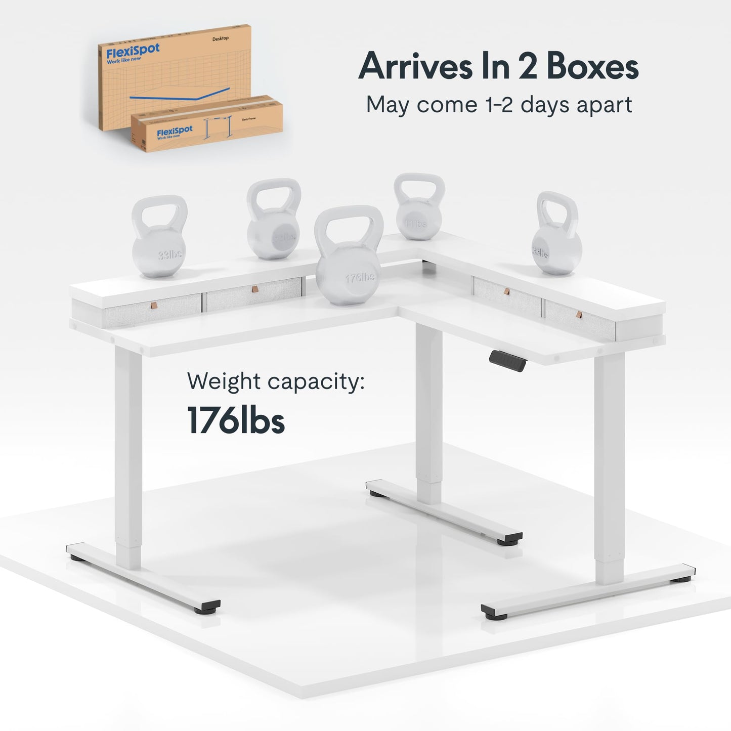 FLEXISPOT 63" L Shaped Standing Desk with Shelf Electric Corner Table, Drawers, Adjustable Computer Workstation for Home, Office,63x55in, White Top + White Frame