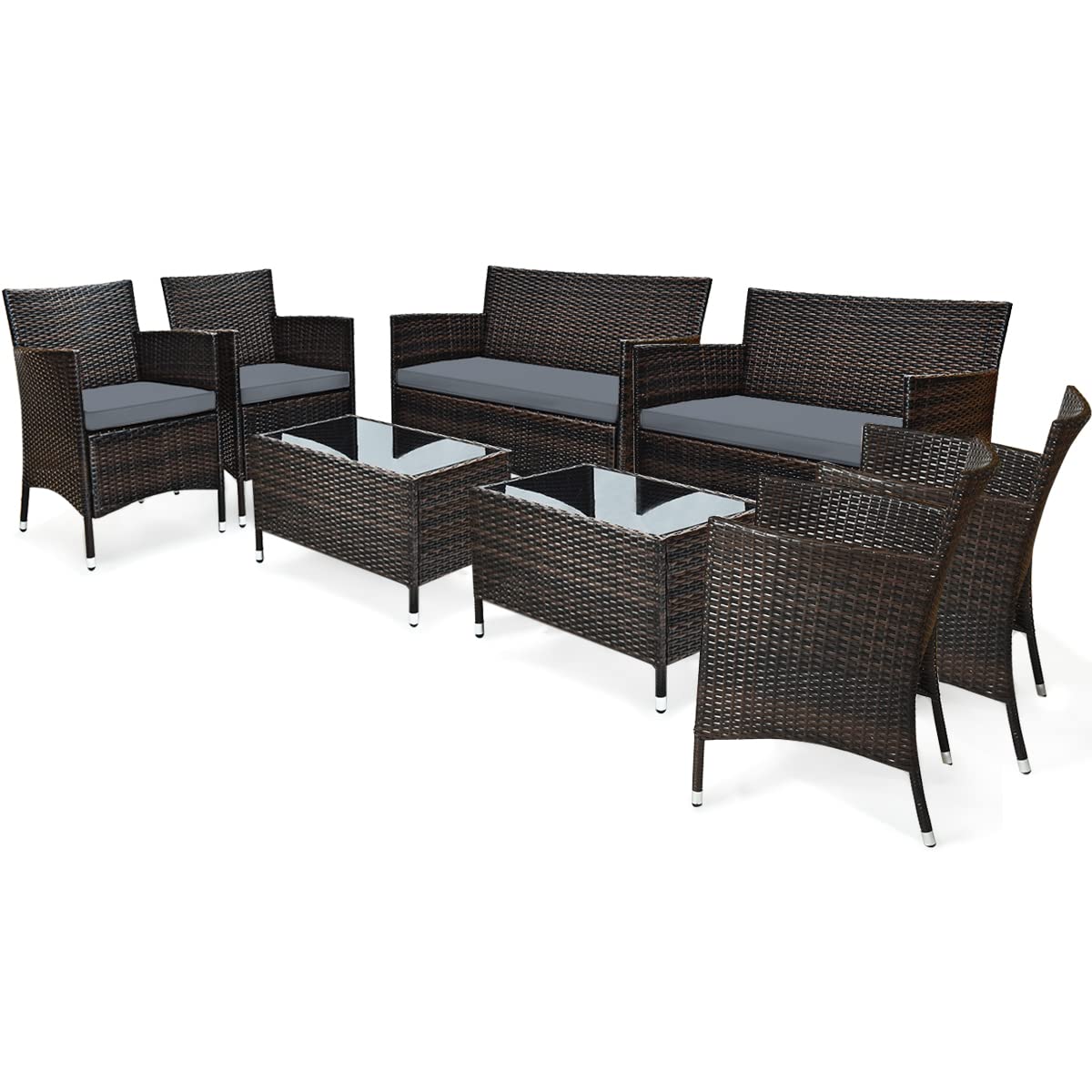 COSTWAY 8PCS Rattan Patio Furniture Set, Outdoor Wicker Rattan Chairs with Coffee Table, Rattan Cushioned Conversation Set for Backyard Balcony Porch Poolside, Grey