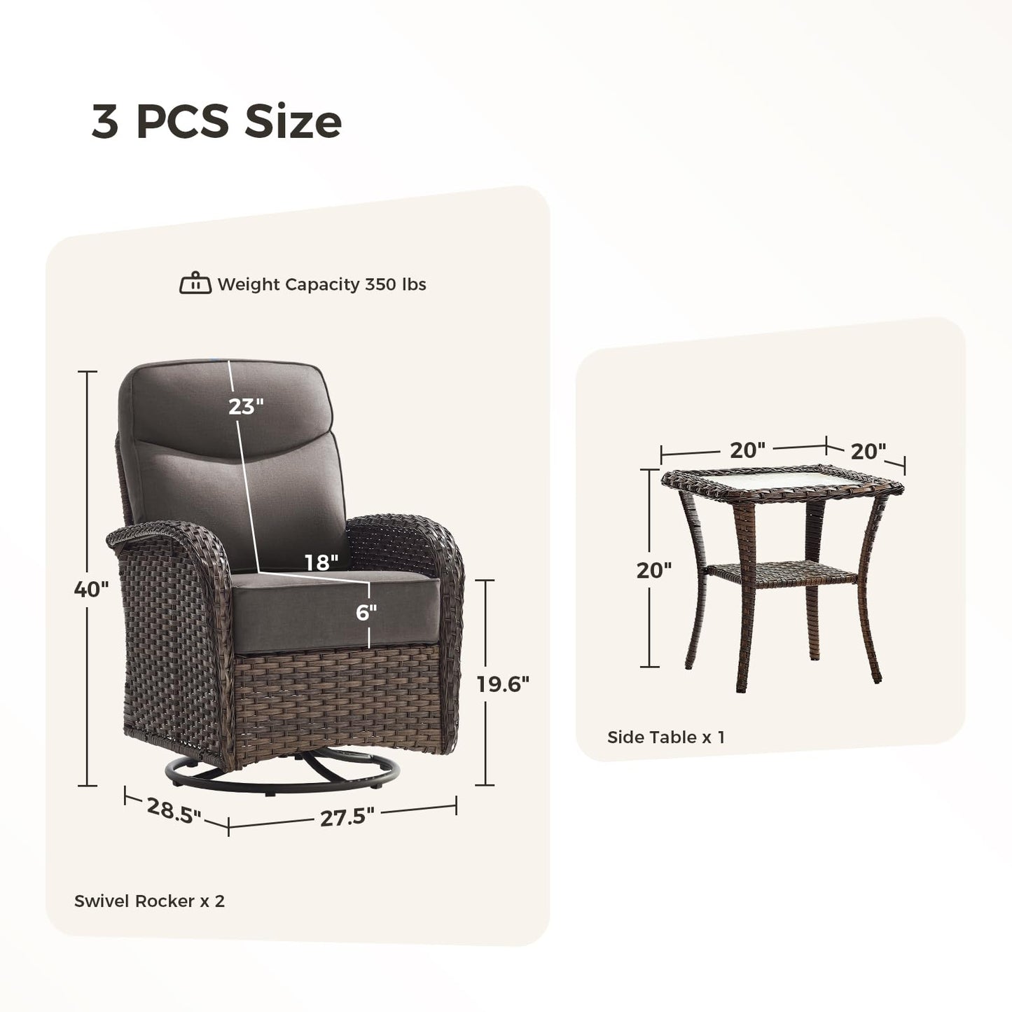 Luxury Outdoor Swivel Rocker Patio Chairs with 6-Inch Thick Cushions, High Back Swivel Glider Patio Chairs, 3PCS Wicker Outdoor Furniture Set for Porch, Patio, Yard, Deck, Poolside, Brown/Grey